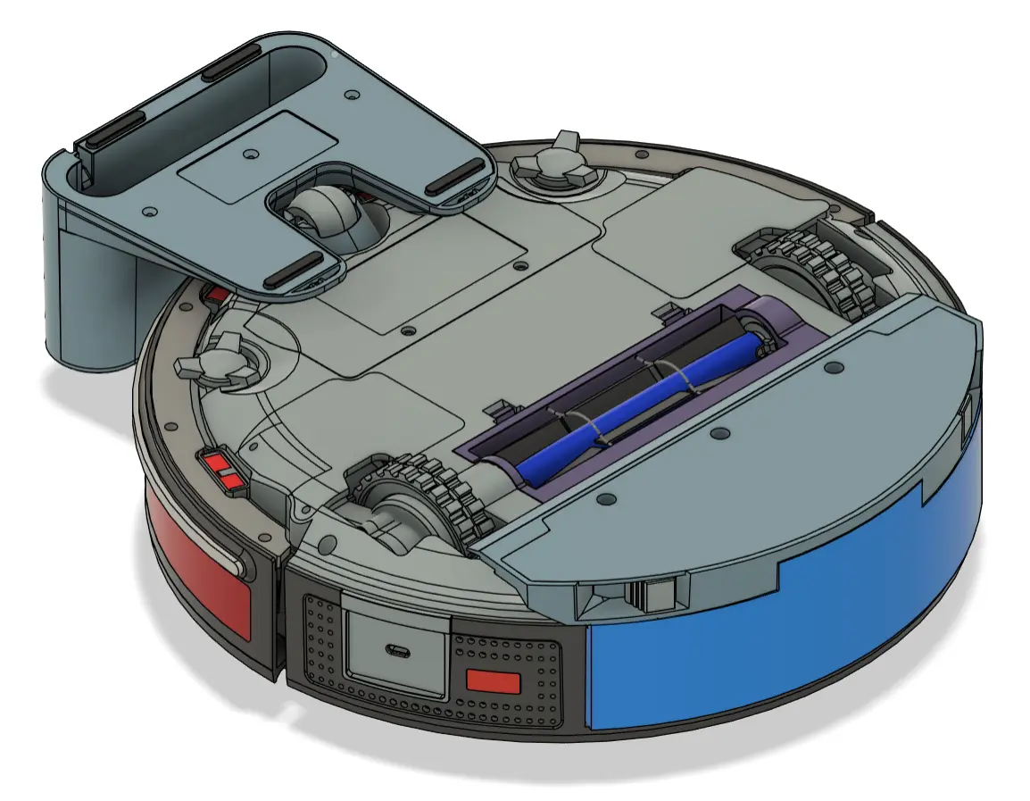 OOMWOO underside — drive wheels, main and side brushes, caster and sensors